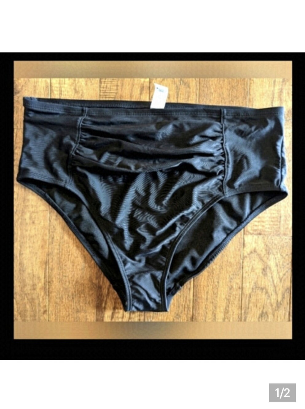 New Black Women's Swim bottom, high rise rutched swim suit Bikini Bottom Sz M